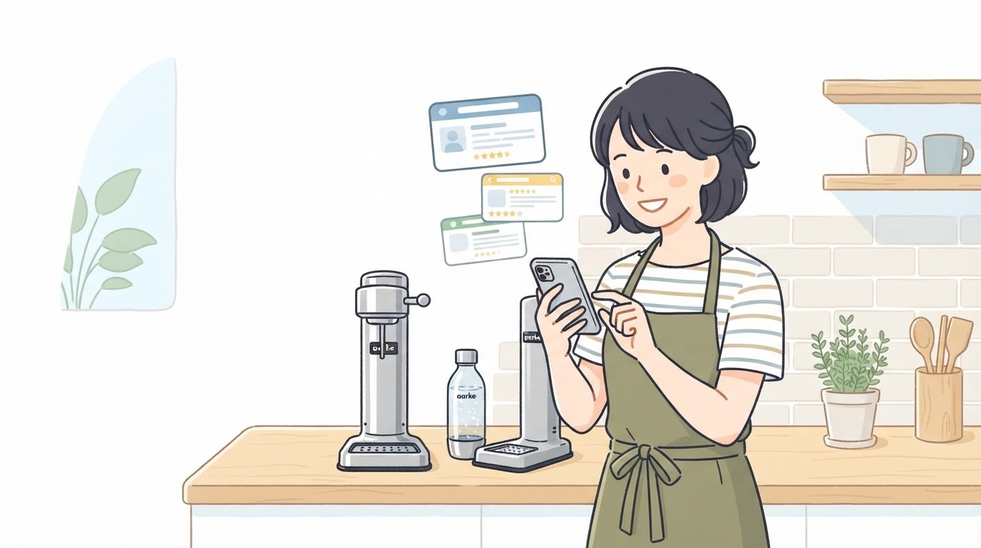 Aarkeの口コミを調べる女性