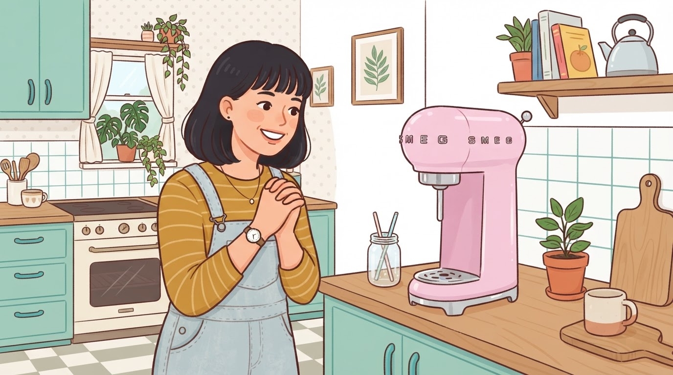 SMEGの炭酸水メーカーを眺める女性