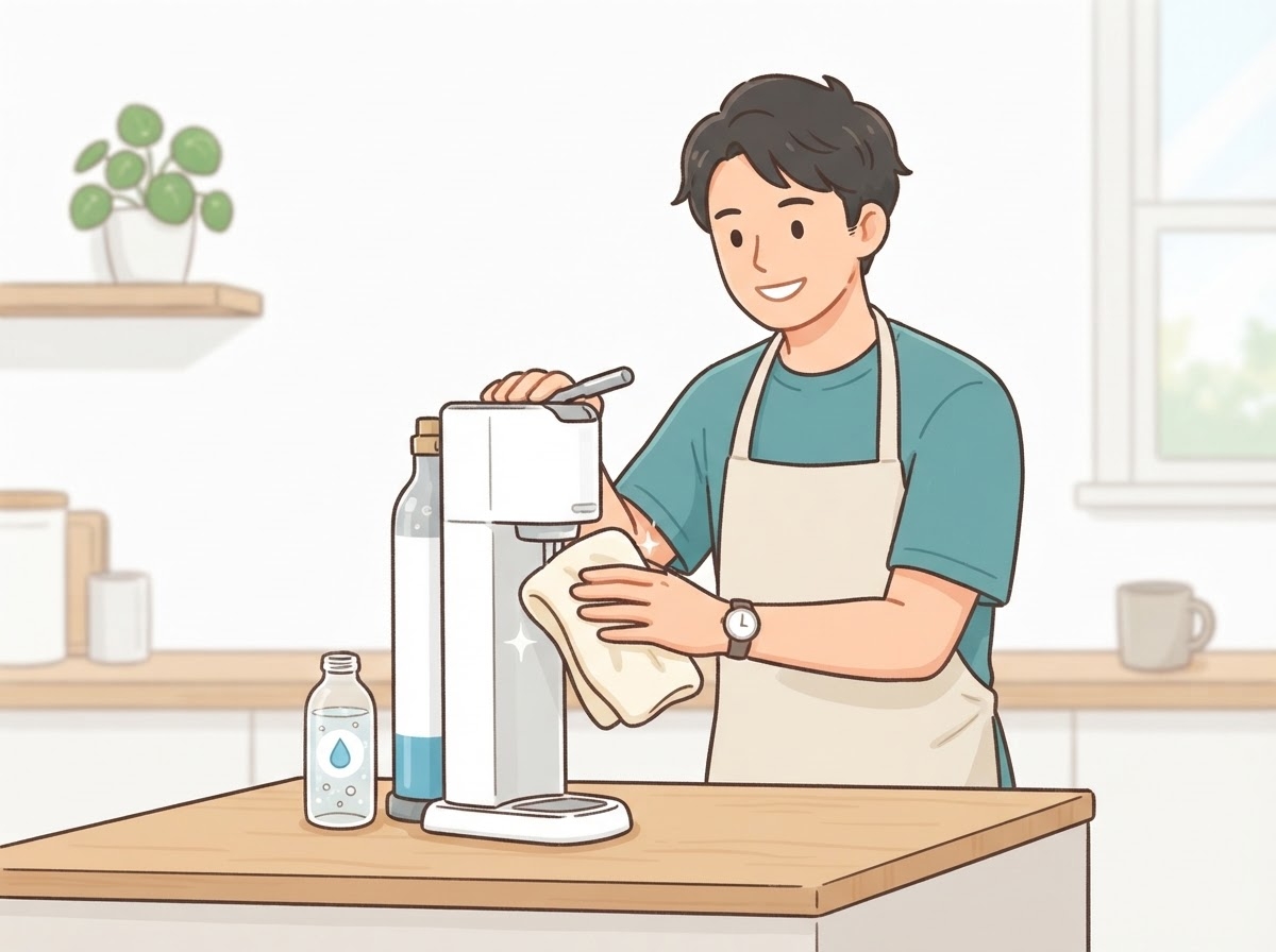 炭酸水メーカーの本体を拭く男性