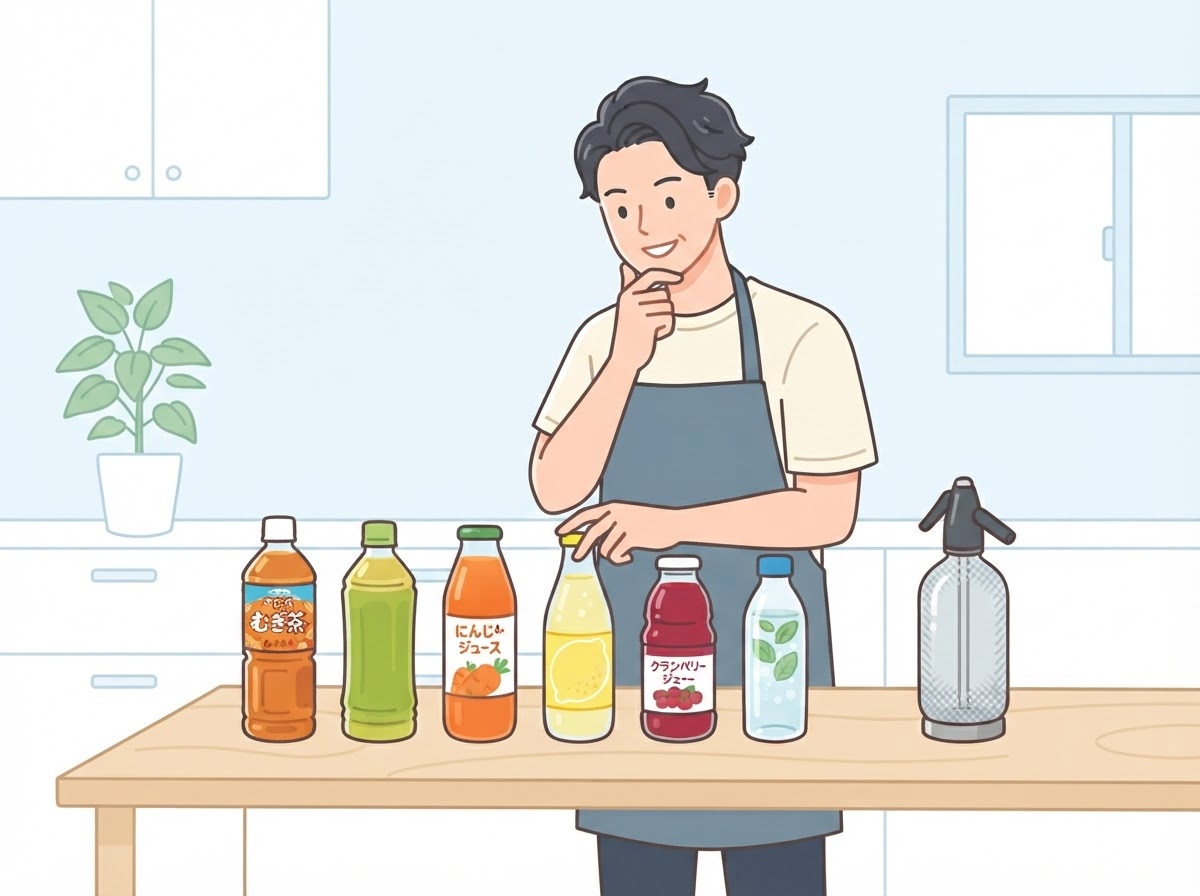 ドリンクメイトで炭酸化する飲み物を選ぶ男性