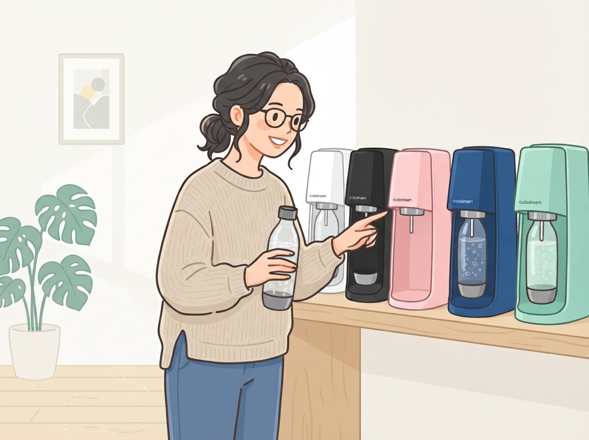 ソーダストリームのカラーバリエーションを見比べる女性