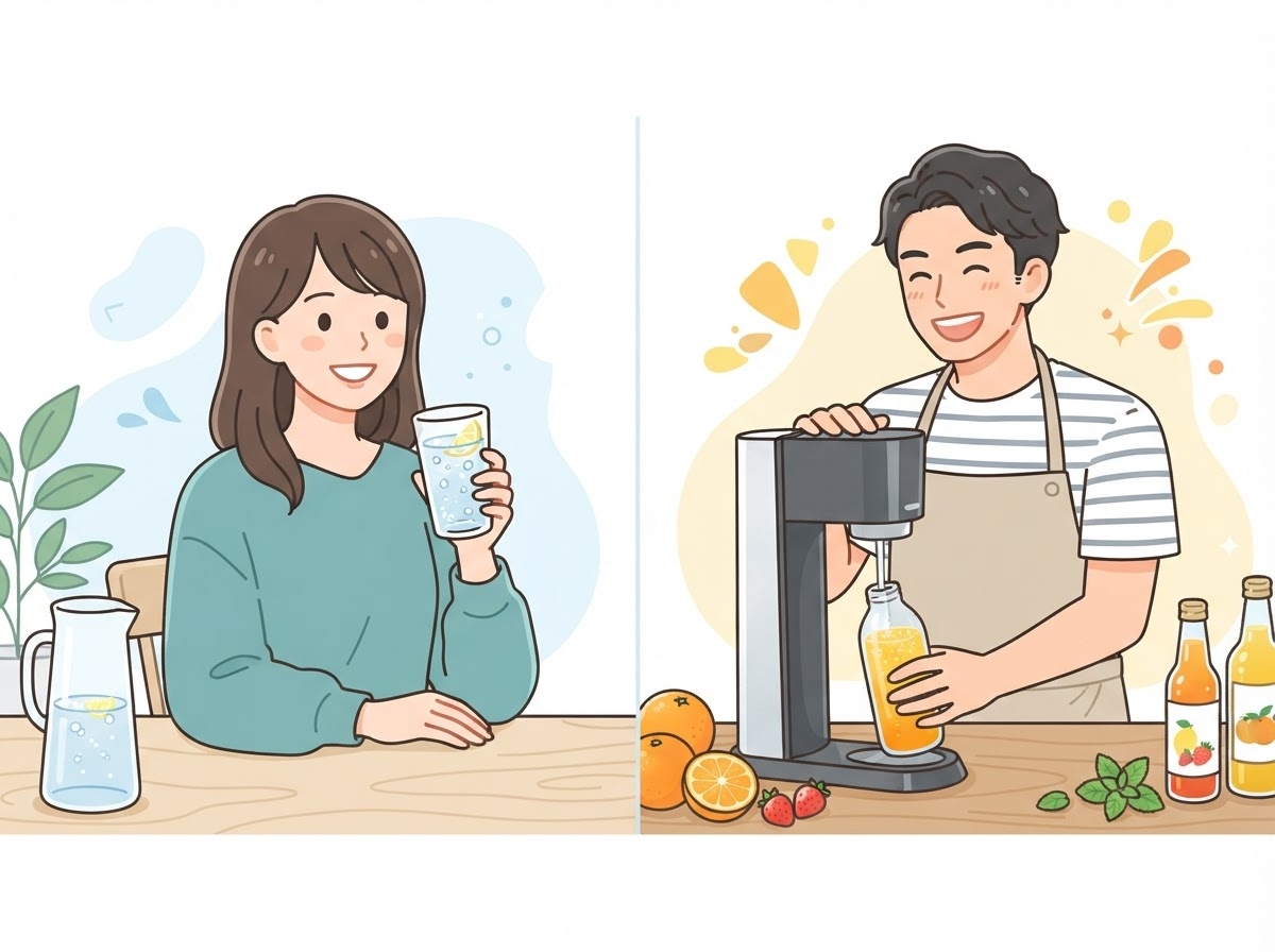 炭酸水とジュースそれぞれを楽しむ様子