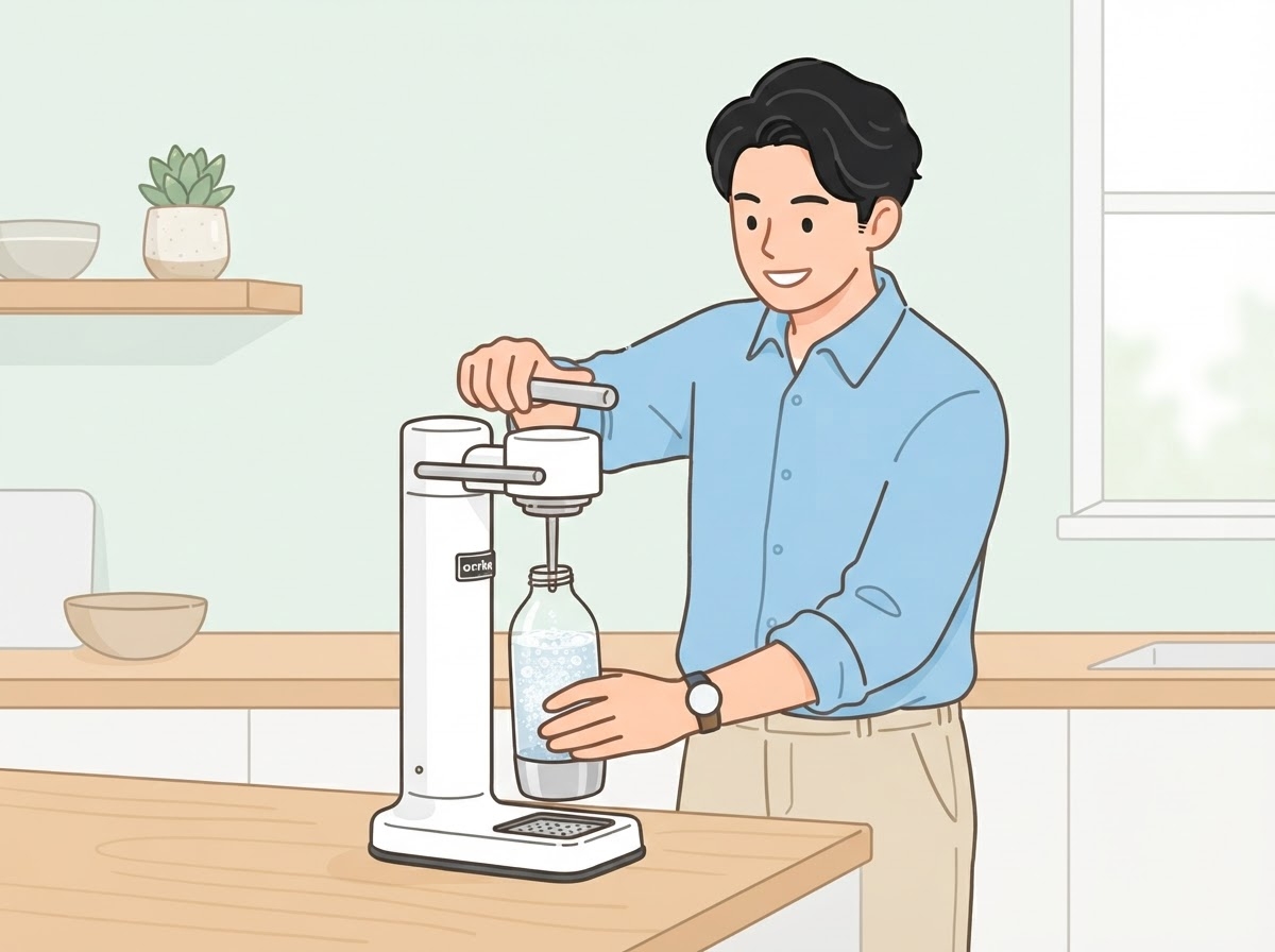 手動式の炭酸水メーカーを使う男性