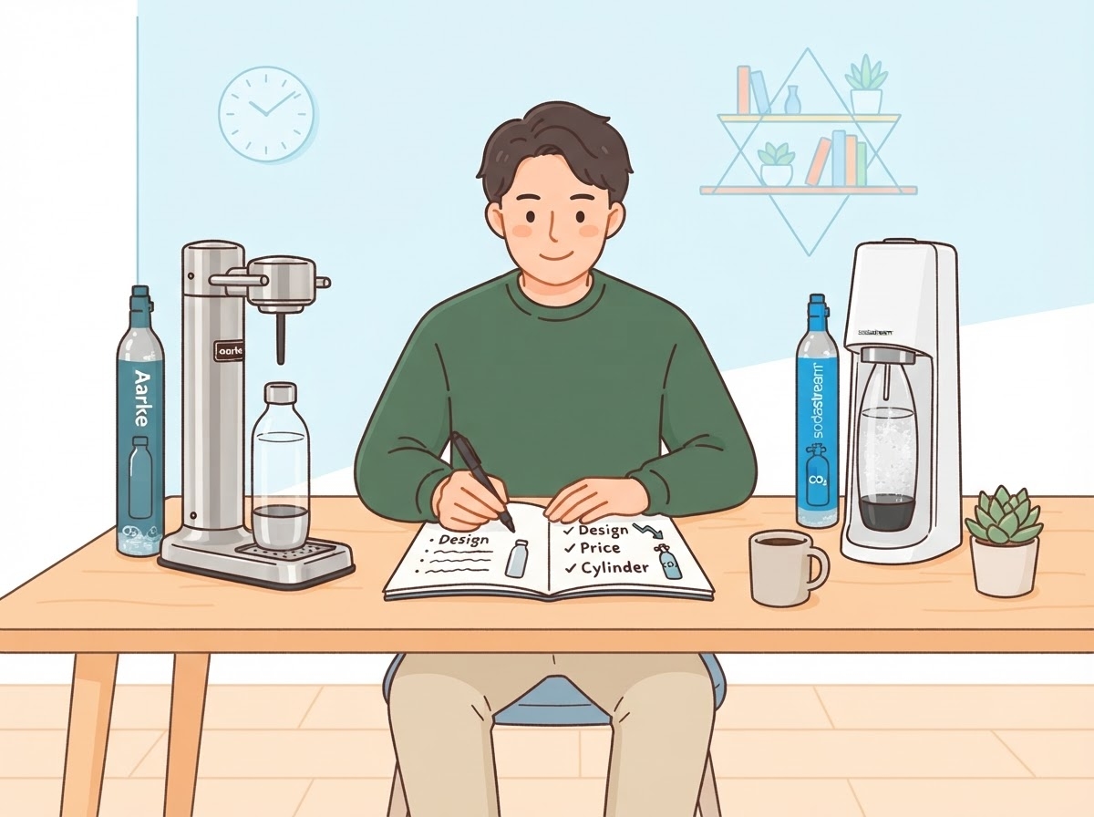Aarkeとソーダストリームの比較ポイントをメモする男性