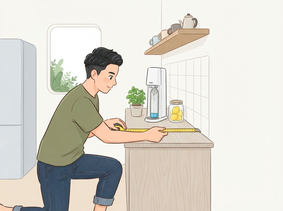 炭酸水メーカーの置き場所を検討する男性