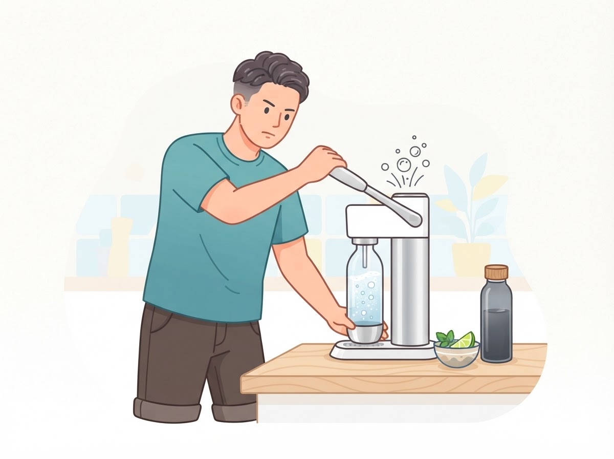 強炭酸を作るために炭酸水メーカーのハンドルを押す男性
