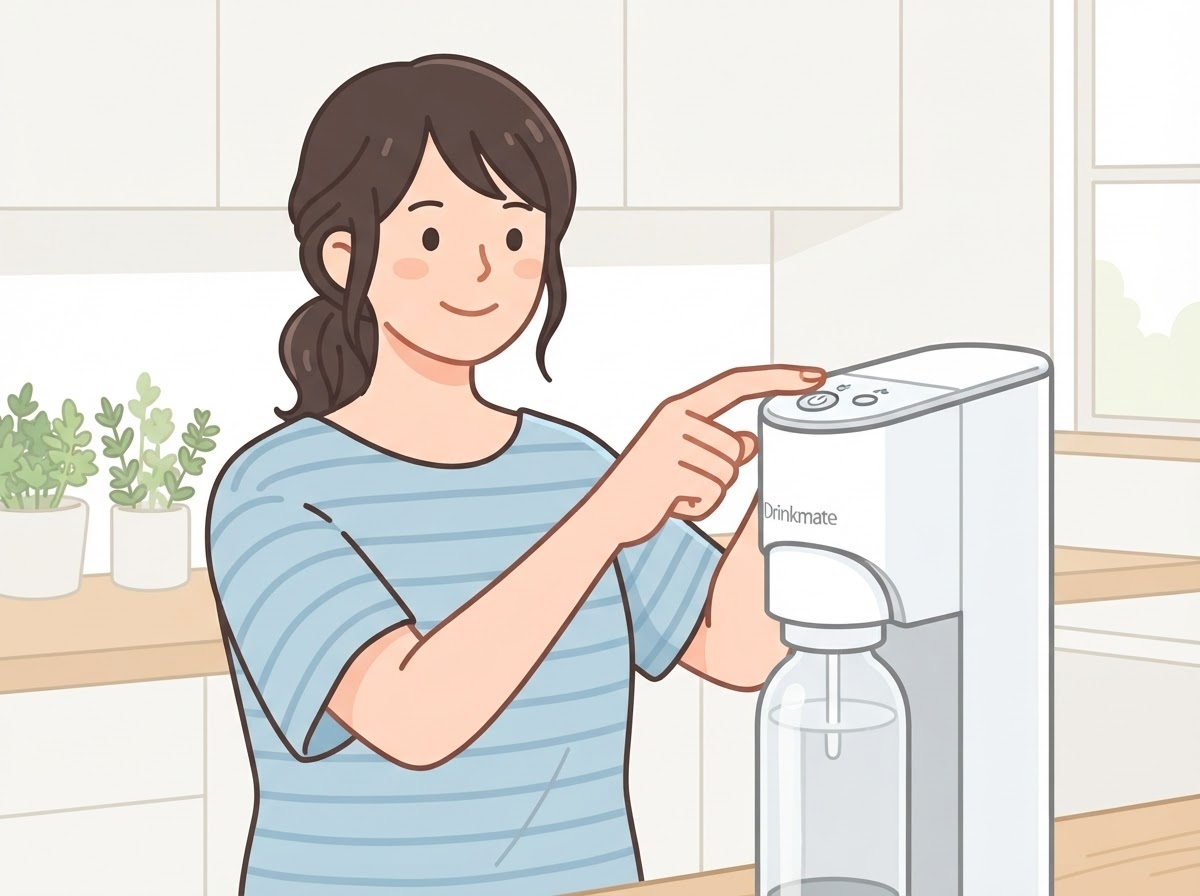 ドリンクメイトのボタンで炭酸の強さを調整する様子