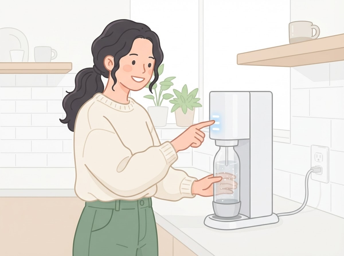 電動式の炭酸水メーカーのボタンを操作する様子