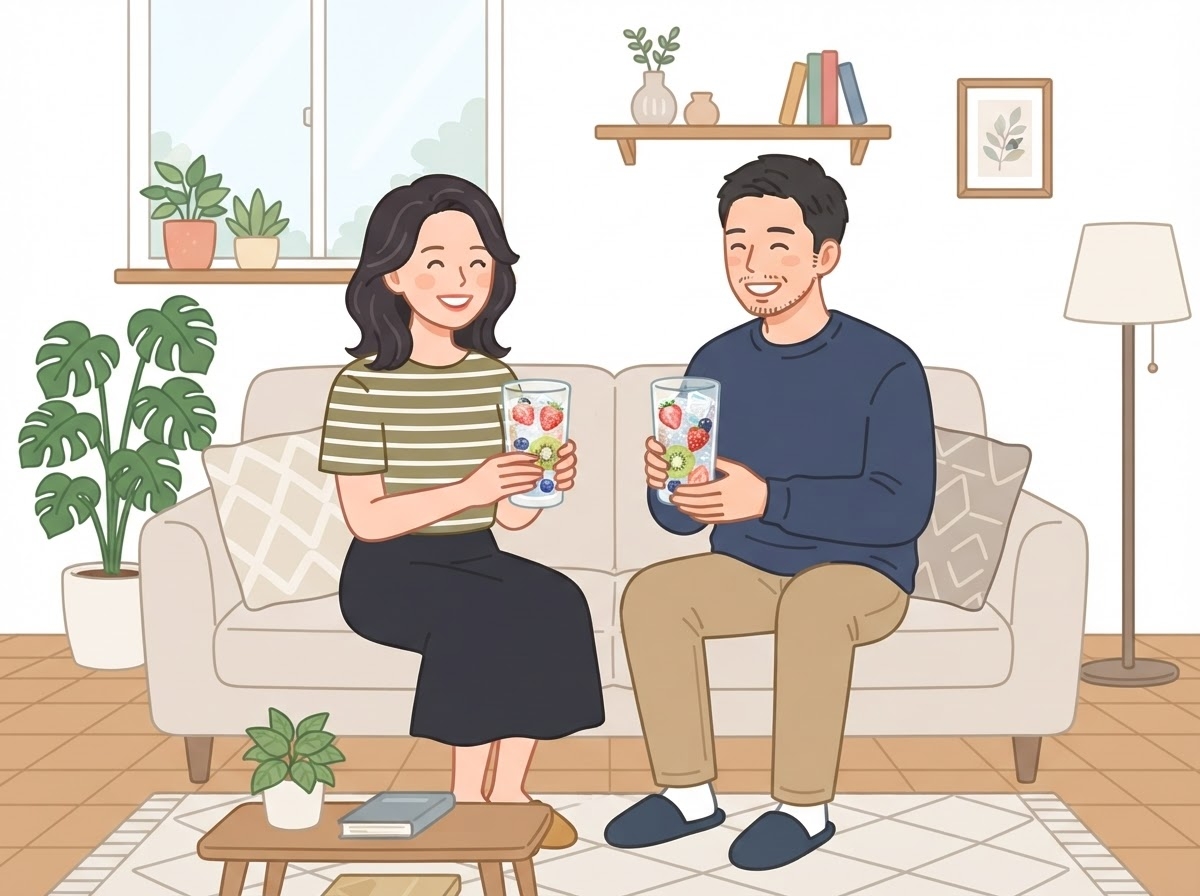 フルーツ入り炭酸水を楽しむ様子
