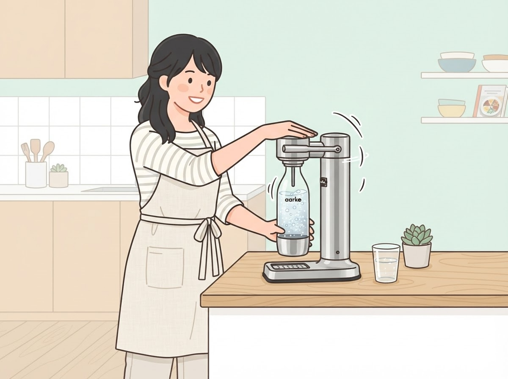 Aarkeのハンドルを押して炭酸水を作る女性