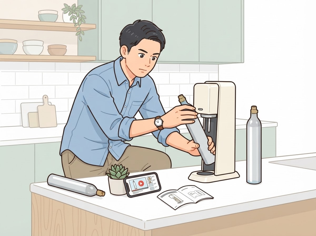 炭酸水メーカーのガスシリンダーを交換する男性