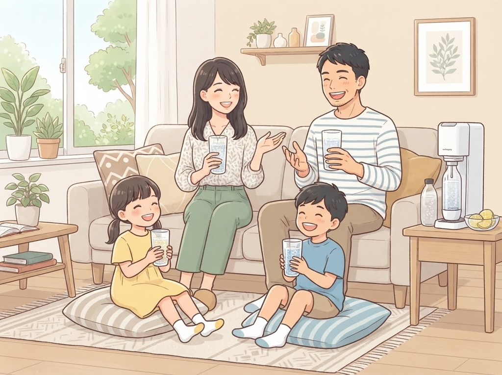 炭酸水メーカーで作った炭酸水を家族で楽しむシーン