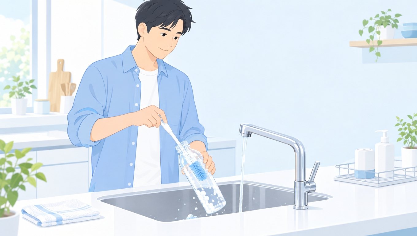 炭酸水メーカーのボトルをぬるま湯で手洗いする男性