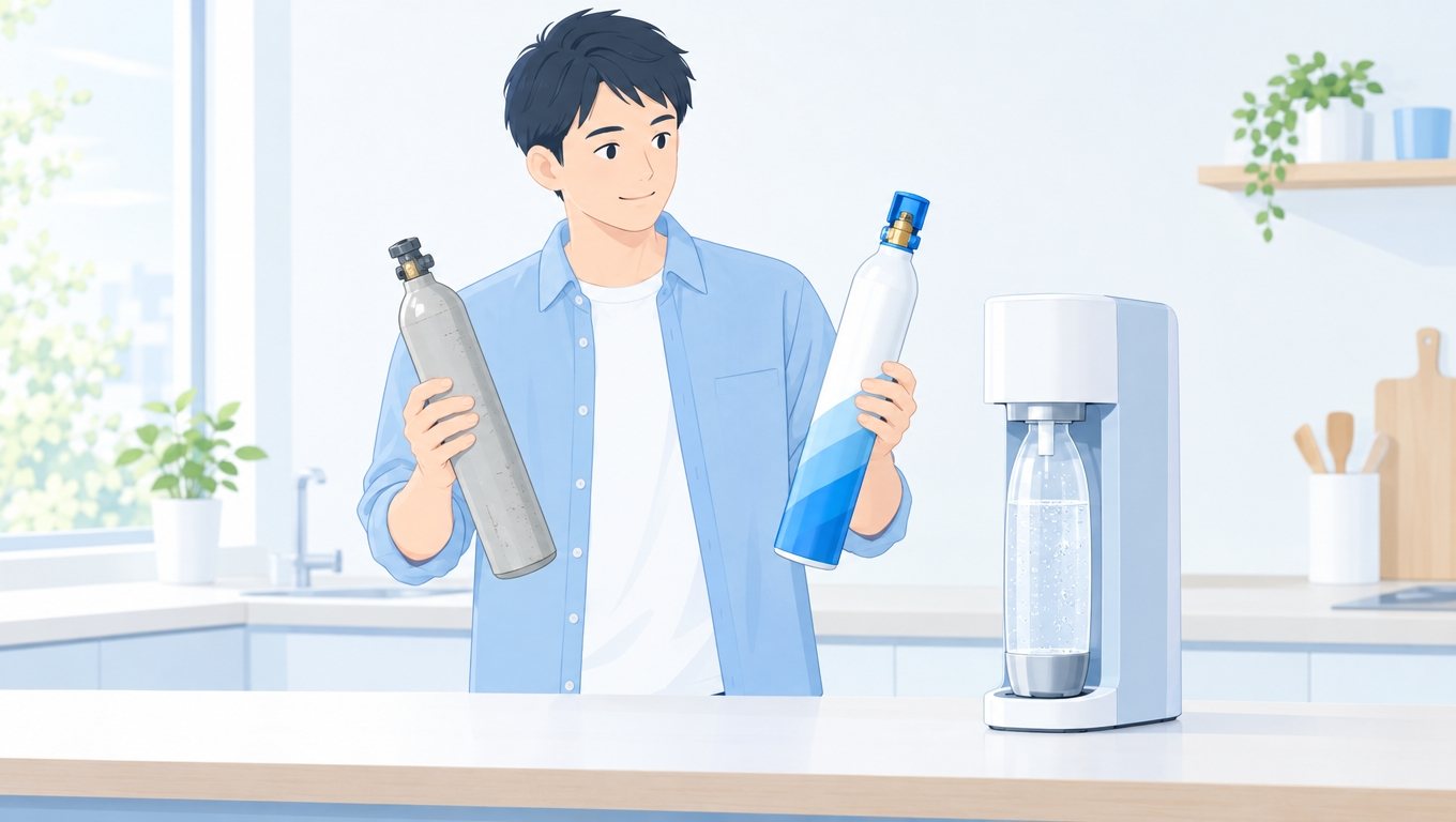 炭酸水メーカーのガスシリンダーを交換する男性