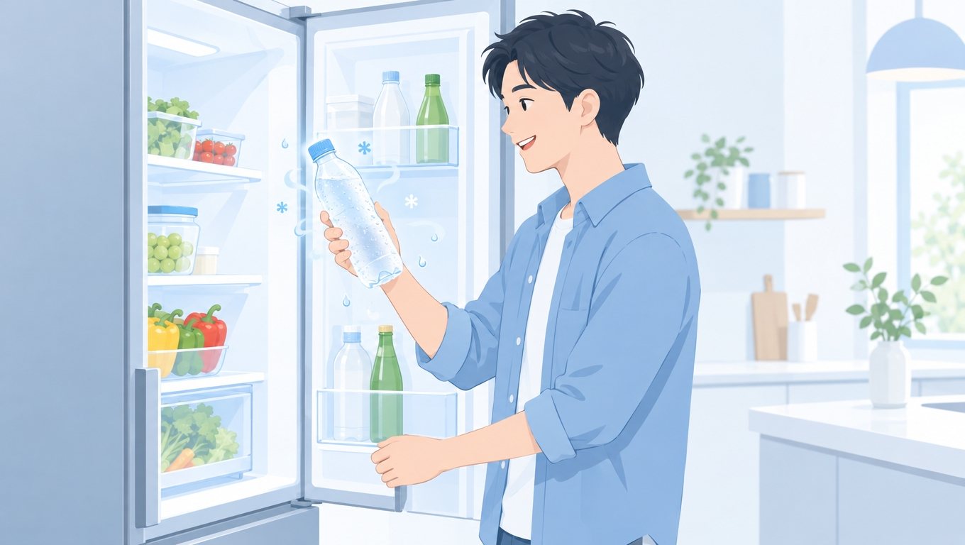 冷蔵庫で冷やした水を取り出す男性