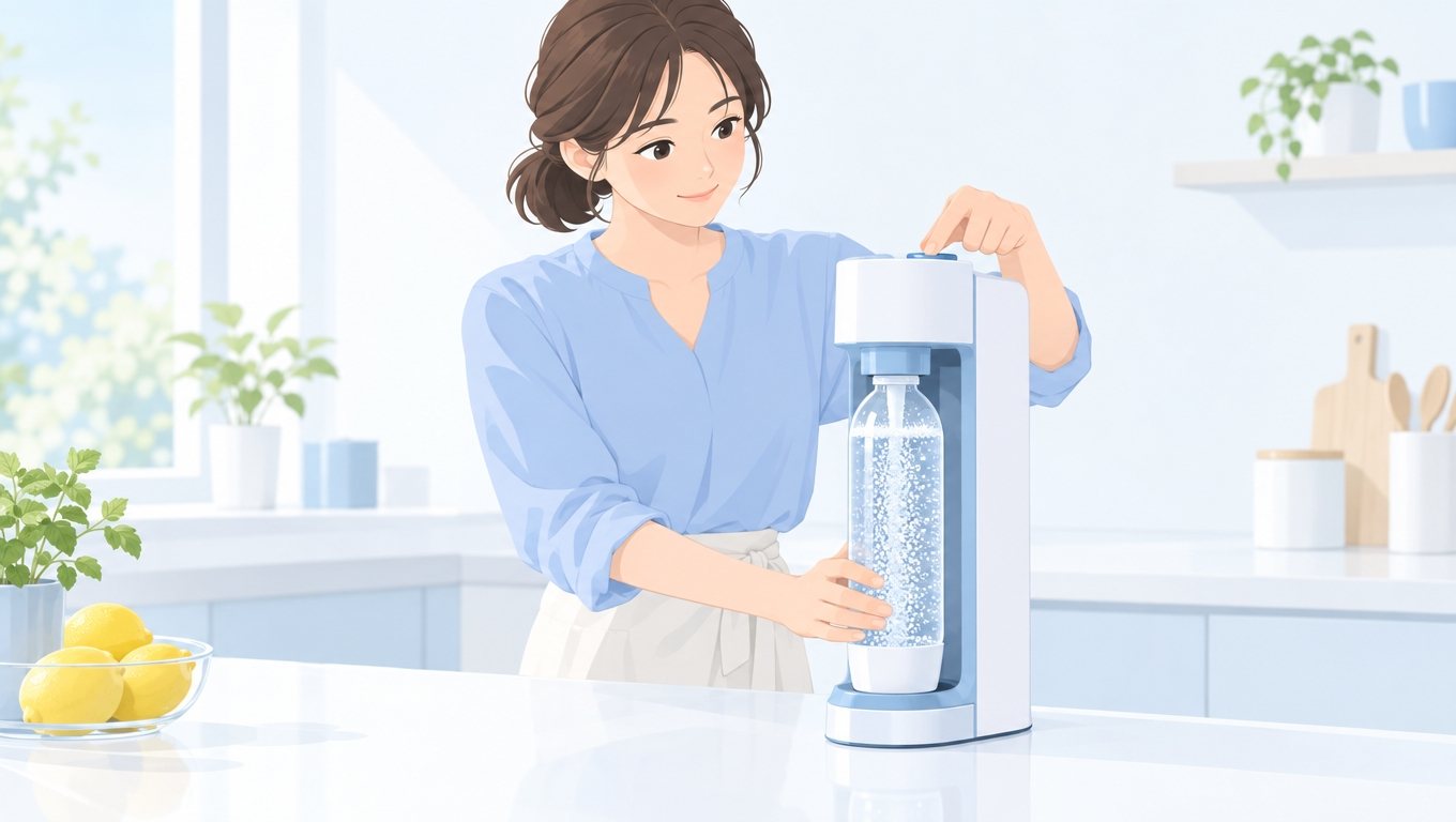 炭酸水メーカーでガスを注入して強炭酸を作る女性